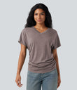 V-neck Short Sleeve Ruched Relaxed Casual Top - Deep Tea Brown Floral Yarn