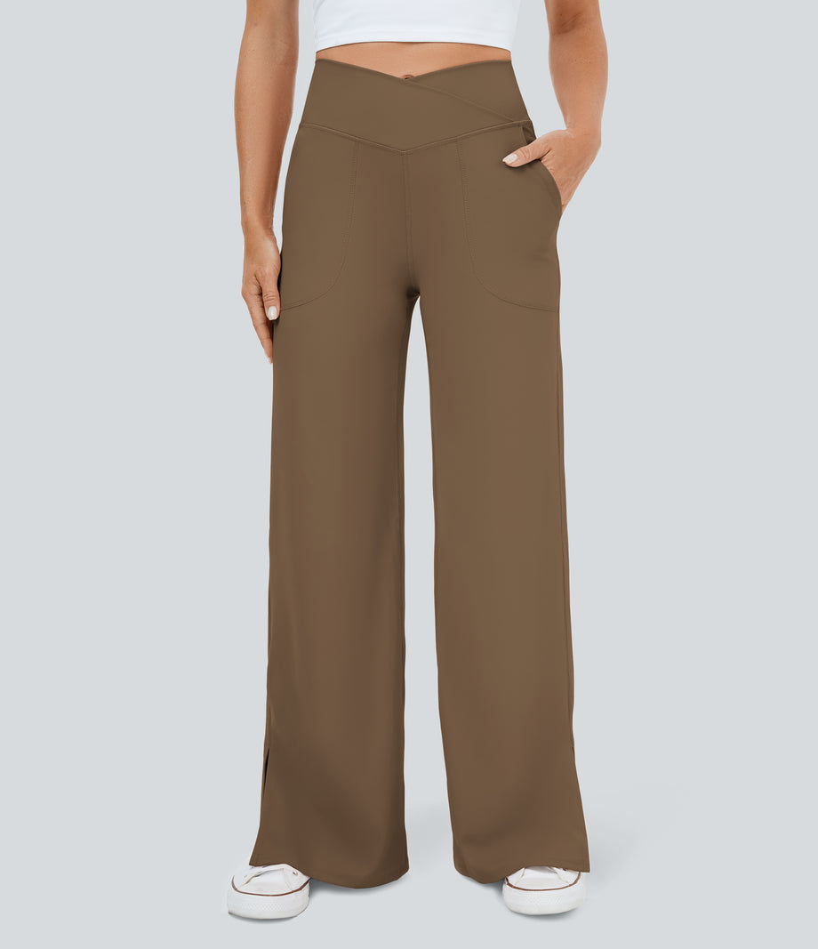 DayStretch Crossover Pocket Hem Wide Leg Yoga Pants-Smile - Sepia