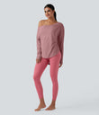 One Shoulder Long Sleeve Thumb Hole Curved Hem High Low Quick Dry Yoga Sports Top-Built-in Bra - Soft Berry