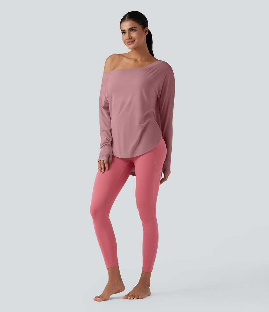 One Shoulder Long Sleeve Thumb Hole Curved Hem High Low Quick Dry Yoga Sports Top-Built-in Bra - Soft Berry