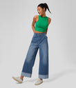 Halara Flex™ High Waisted Pockets Rolled Hem Wide Leg Washed Casual Jeans - Blue Spruce Denim