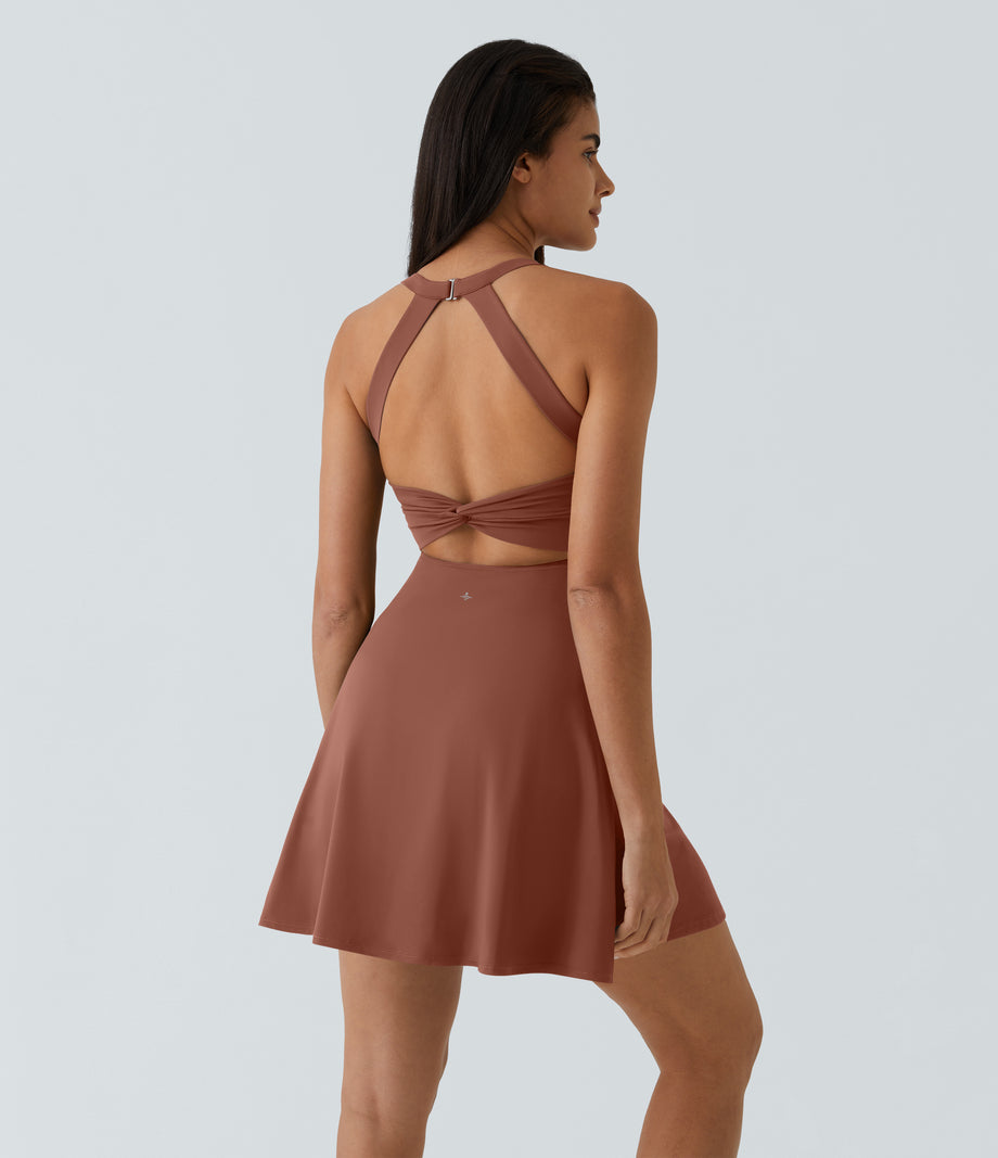 SoftlyZero™ Airy Backless Twisted Flare Low Support Dance Active Dress-Longer Length-Easy Peezy Edition A-D Cups - Sequoia