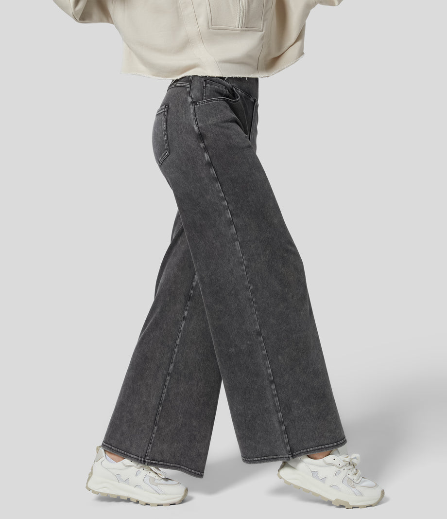 Halara Flex™ High Waisted Pockets Wide Leg Loose Work Jeans - Hemp Rope Black Denim