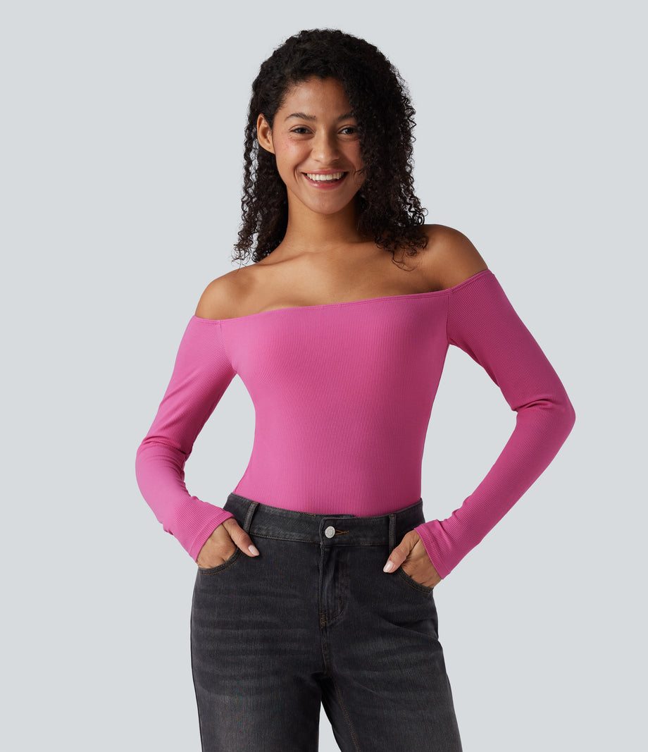 Ribbed Knit Off Shoulder Long Sleeve 2-in-1 Casual Top - Lilac Rose