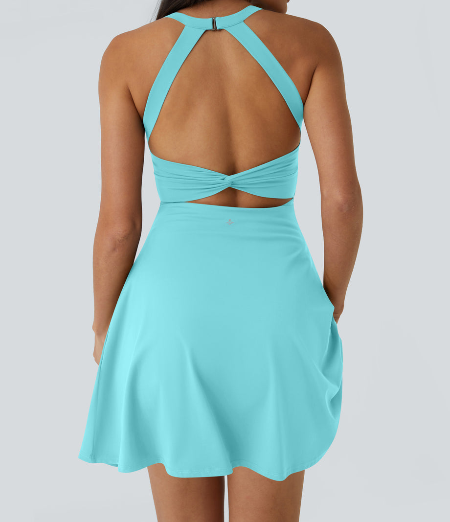 SoftlyZero™ Airy Backless Twisted Flare Low Support Dance Active Dress-Longer Length-Easy Peezy Edition A-D Cups - Loka Blue