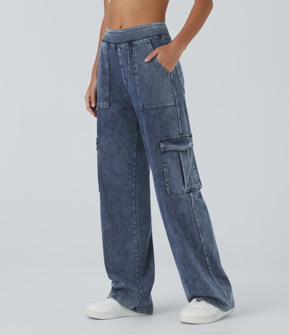 Halara Flex™ Mid Rise Pockets Straight Leg Casual Cargo Jeans - Washed Denim Bleached Blue