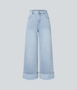 Halara Flex™ High Waisted Pockets Rolled Hem Wide Leg Washed Casual Jeans - Light Azure Denim