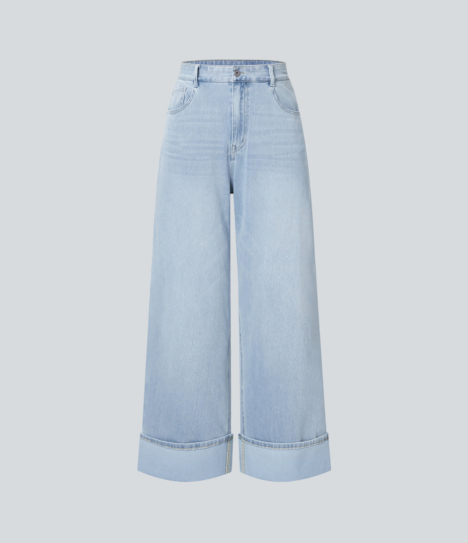 Halara Flex™ High Waisted Pockets Rolled Hem Wide Leg Washed Casual Jeans - Light Azure Denim