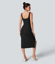 SoftlyZero™ Airy Square Neck Backless Corset Ruched Split Bodycon Midi Cool Touch Bridesmaid and Wedding Guest Dress - Black