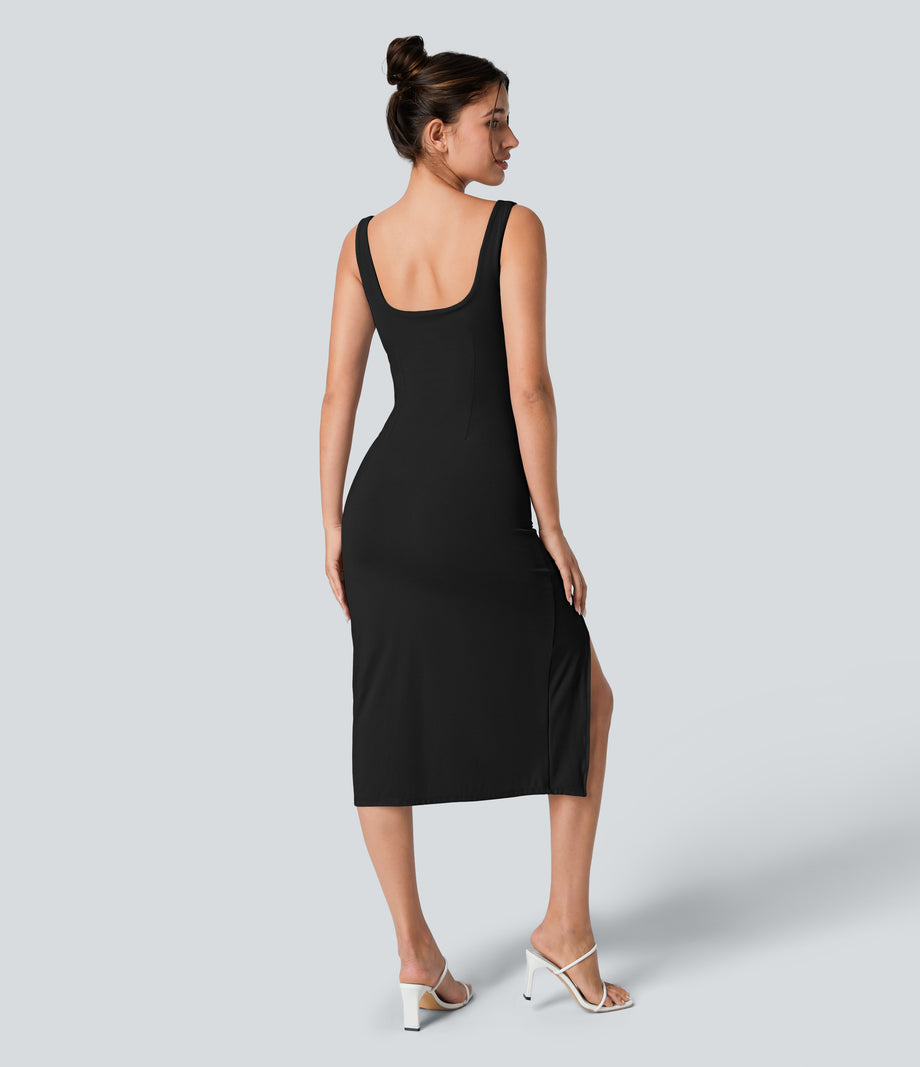 SoftlyZero™ Airy Square Neck Backless Corset Ruched Split Bodycon Midi Cool Touch Bridesmaid and Wedding Guest Dress - Black