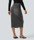 Halara Flex™ High Waisted Pockets Bodycon Washed Denim Casual Midi Skirt - Charcoal Black Denim