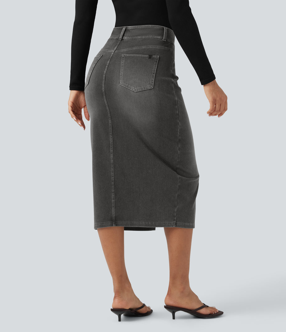 Halara Flex™ High Waisted Pockets Bodycon Washed Denim Casual Midi Skirt - Charcoal Black Denim