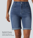 Halara Flex™ High Waisted Pockets Rolled Hem Washed Denim Casual Bermuda Shorts - Paint Blue Denim