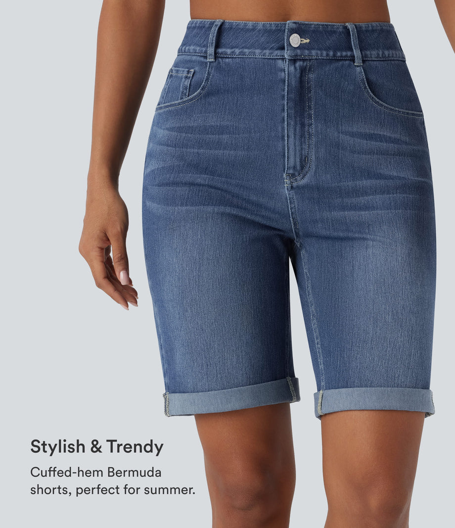 Halara Flex™ High Waisted Pockets Rolled Hem Washed Denim Casual Bermuda Shorts - Paint Blue Denim