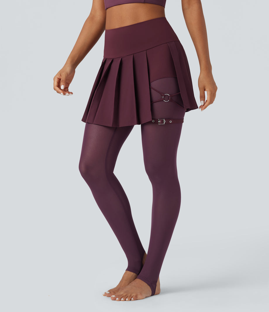 Breezeful™ High Waisted Pleated 2-in-1 Contrast Mesh Quick Dry Dance Stirrup Skirted Leggings with Pockets - Amaranth