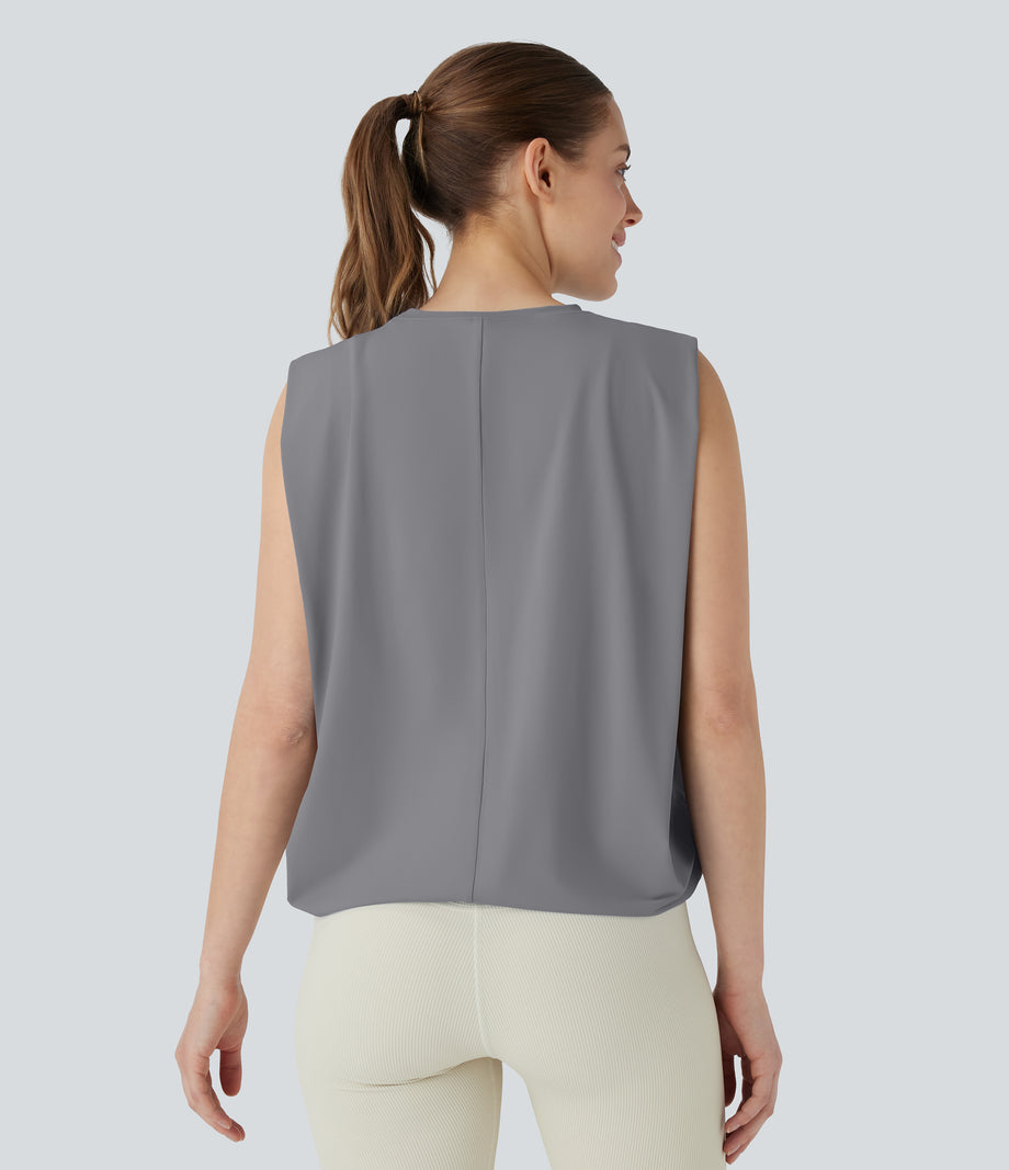 Round Neck Ruched Cool Touch Yoga Tank Top-UPF50+ - Night Owl