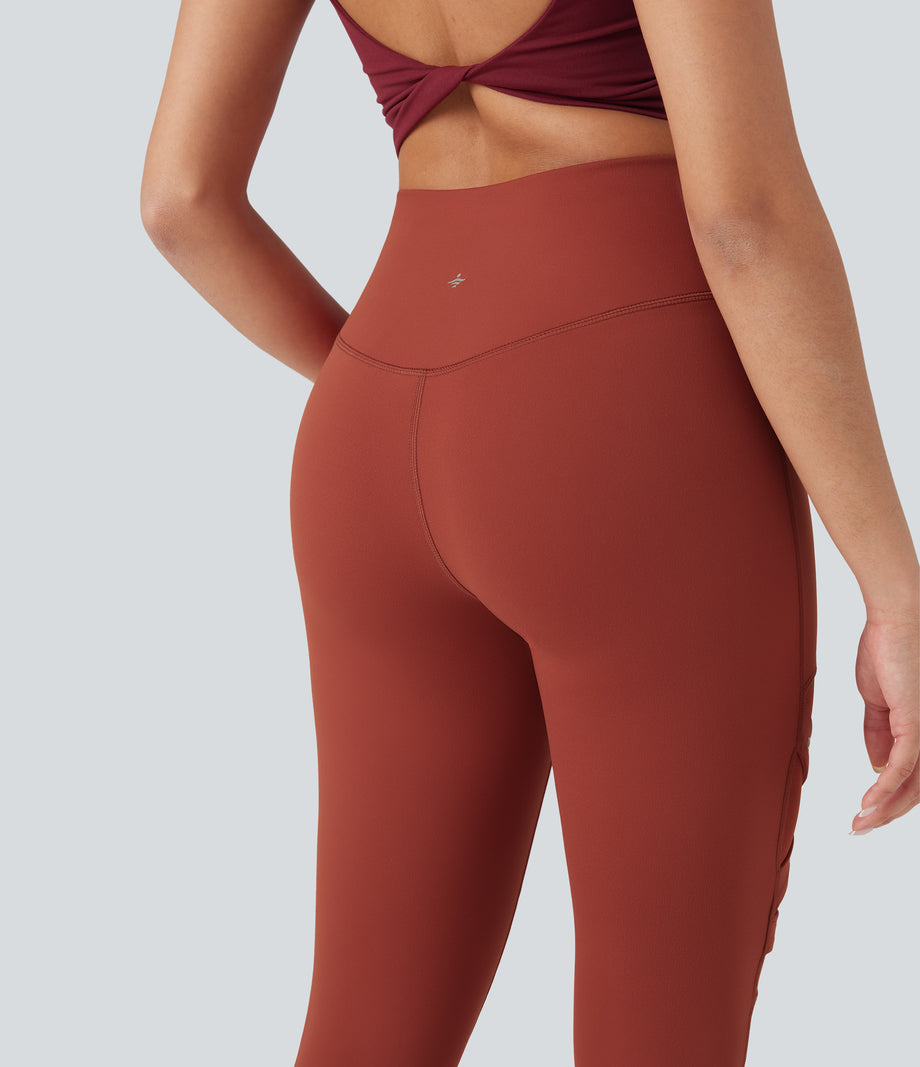 DayStretch High Waisted Crossover Contrast Mesh Decorative Buckle Yoga Leggings - Cinnabar
