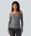 Ribbed Knit Off Shoulder Long Sleeve 2-in-1 Casual Top - Gray Quill