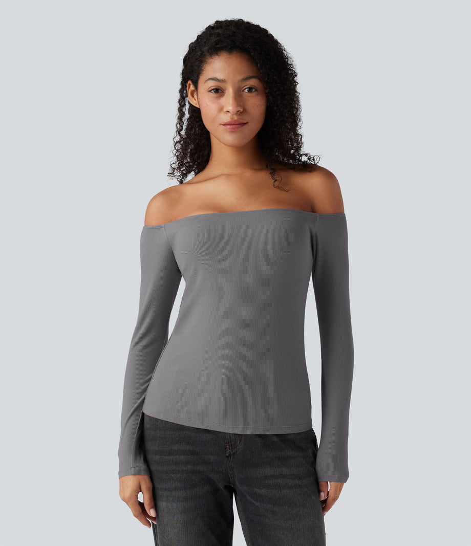 Ribbed Knit Off Shoulder Long Sleeve 2-in-1 Casual Top - Gray Quill