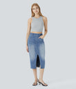 Halara Flex™ High Waisted Pockets Bodycon Washed Denim Casual Midi Skirt - Frost Blue Denim