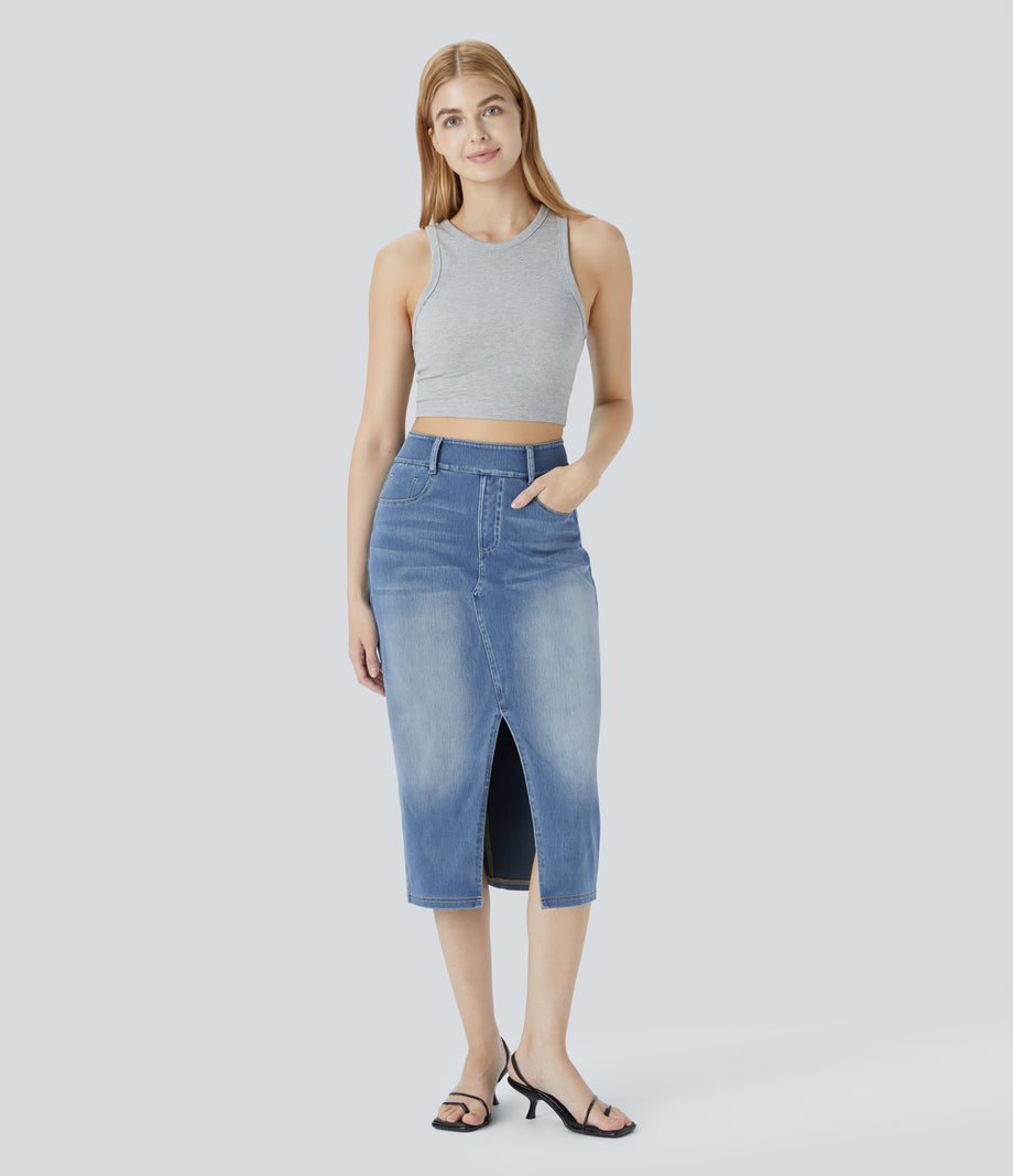 Halara Flex™ High Waisted Pockets Bodycon Washed Denim Casual Midi Skirt - Frost Blue Denim