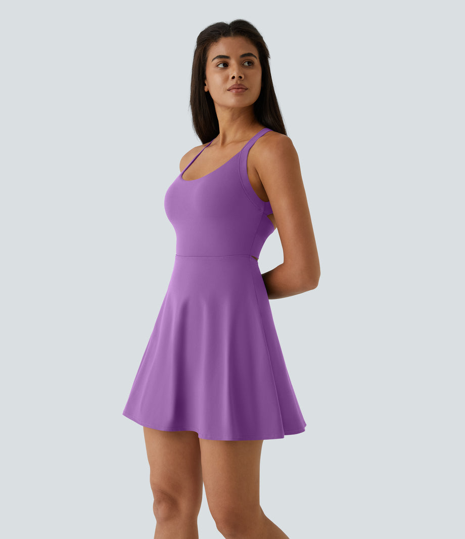 SoftlyZero™ Airy Backless Twisted Flare Low Support Dance Active Dress-Longer Length-Easy Peezy Edition A-D Cups - Dewberry