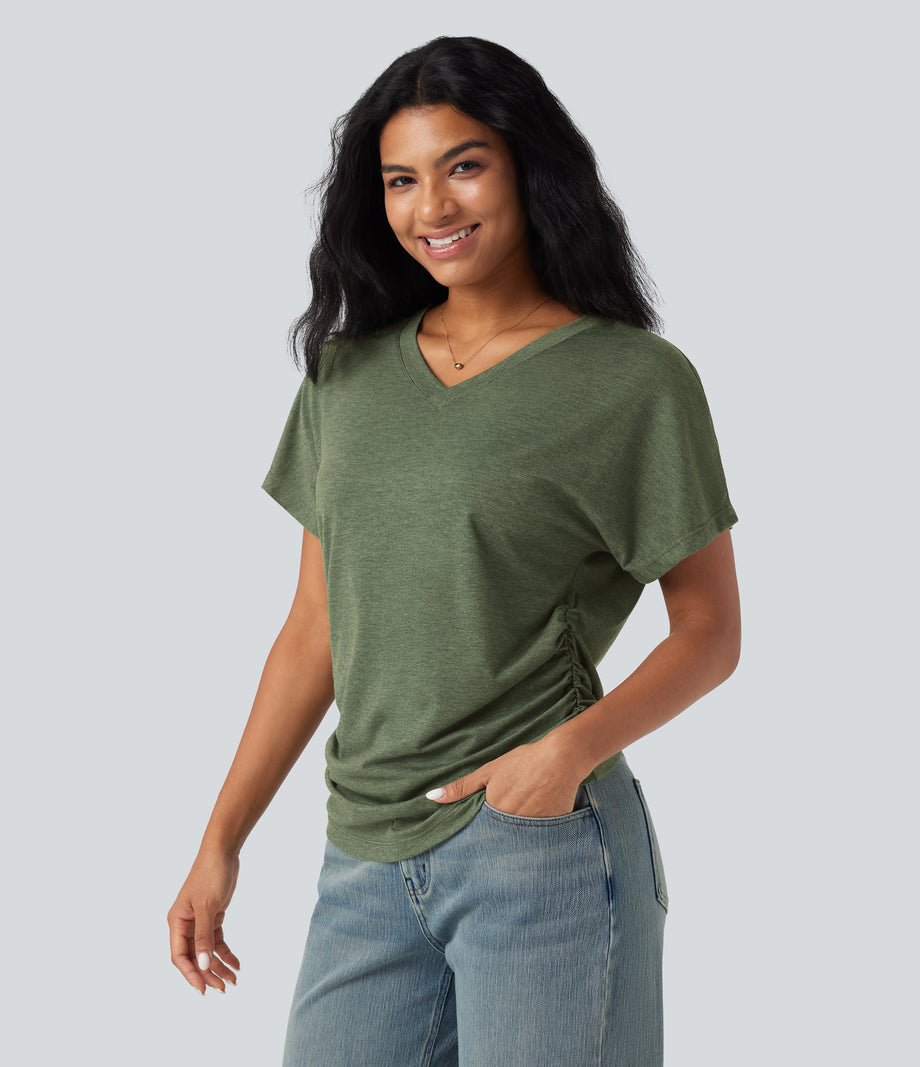 V-neck Short Sleeve Ruched Relaxed Casual Top - Light Green Floral Yarn