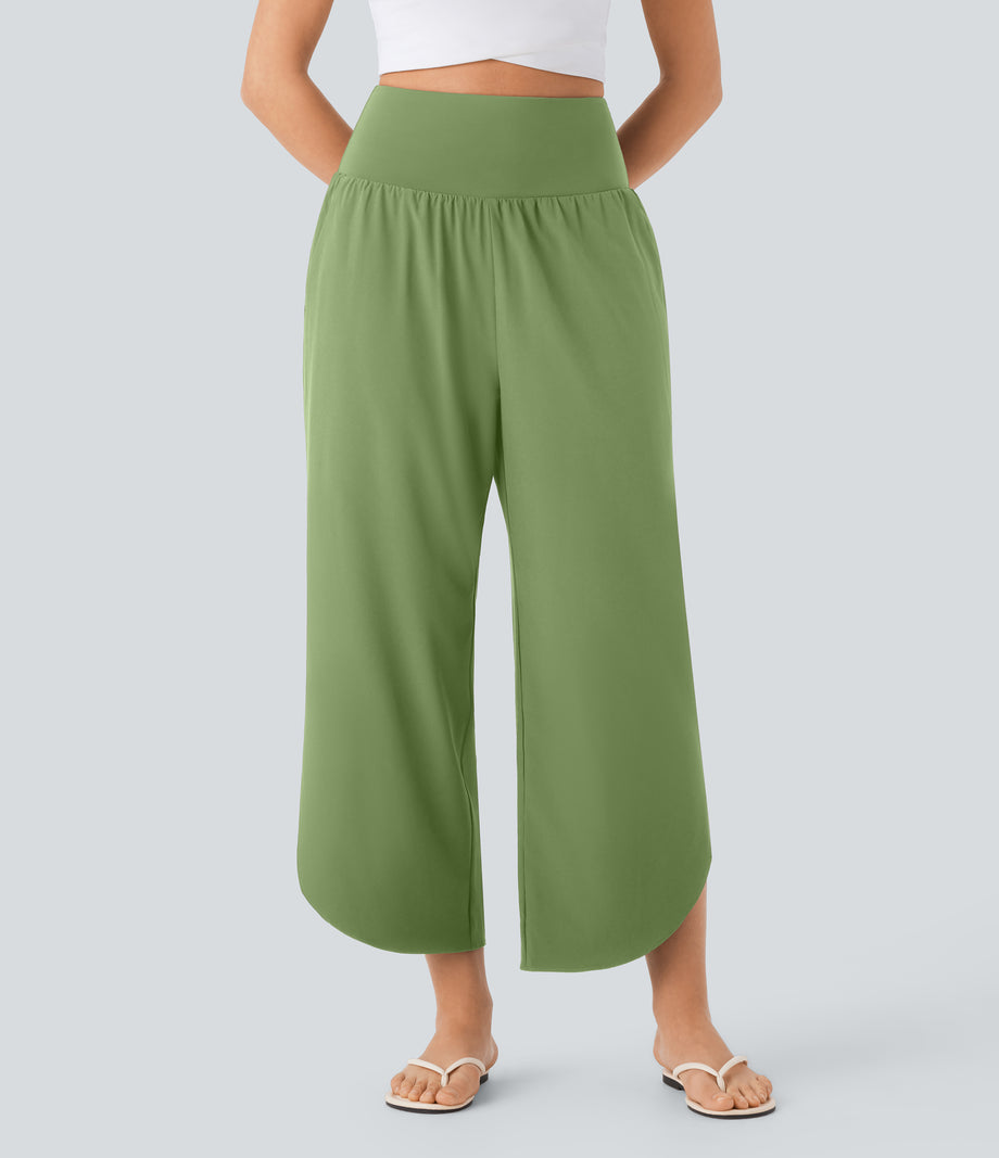 Breezeful™ High Waisted Tummy Control Split Hem Quick Dry Resort Pants with Pockets - Hot Wasabi - Green