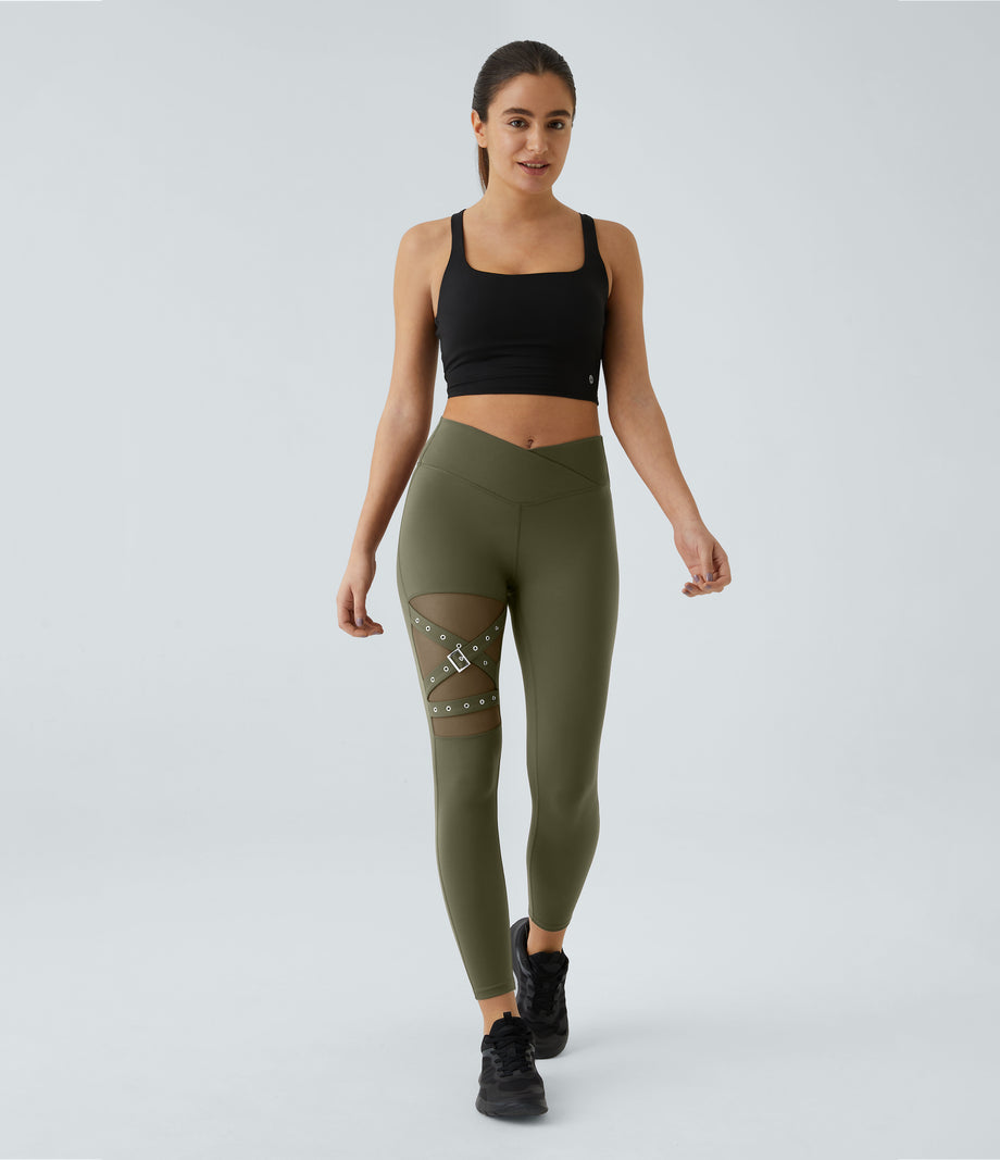 DayStretch High Waisted Crossover Contrast Mesh Decorative Buckle Yoga Leggings - Forest Night