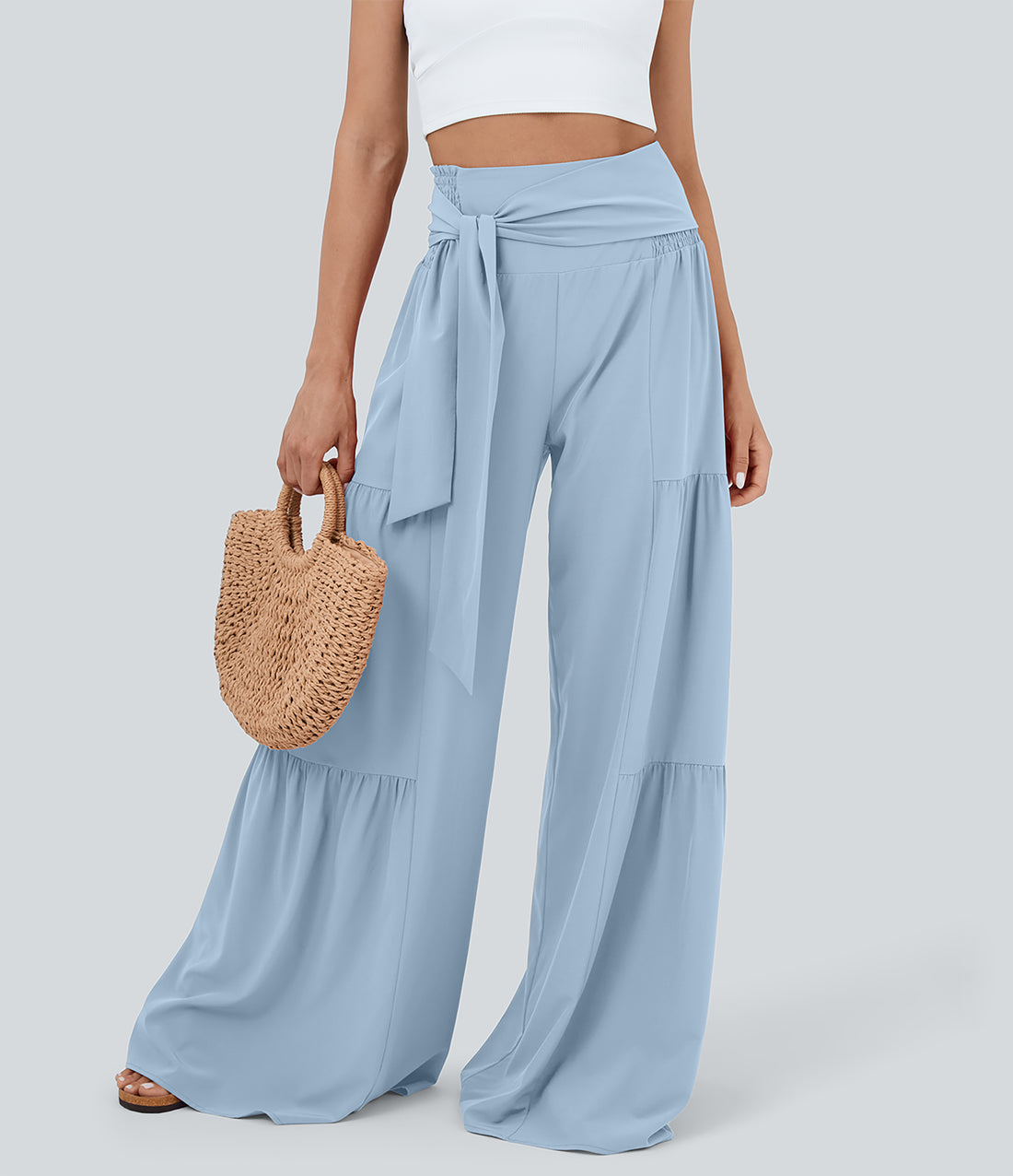 Breezeful™ High Waisted Shirred Tie Front & Back Wide Leg Flowy Quick Dry Casual Pants - Thin Ice Blue