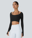 Ribbed Halter Strap Thumb Hole Cropped Yoga Sports Top - Black