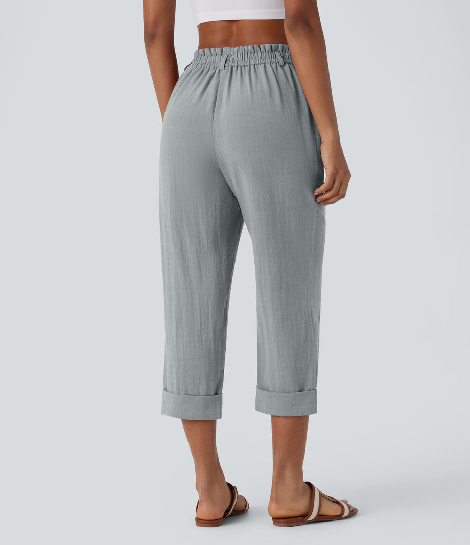 High Waisted Zipper Pocket Cropped Linen-Feel Pants - Quarry