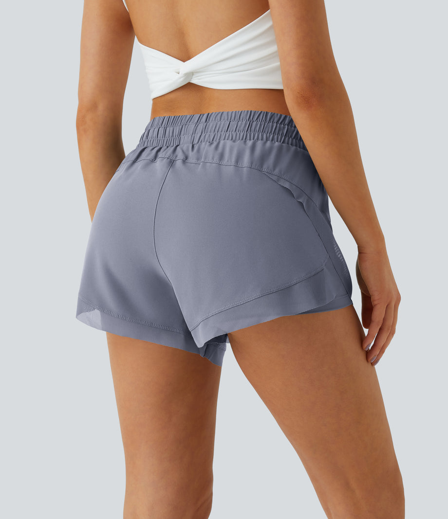 Mid Rise Drawstring Contrast Mesh 2-in-1 Flowy Running Shorts 3'' - Silver Bullet