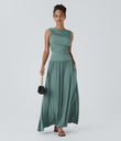 Ribbed Boat Neck Asymmetric Strap Ruched Pocket Flowy Maxi Casual Dress - Clear Green