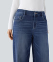 Halara Flex™ Low Rise Zipper Pockets Washed Baggy Wide Leg Casual Jeans - Paint Blue Denim