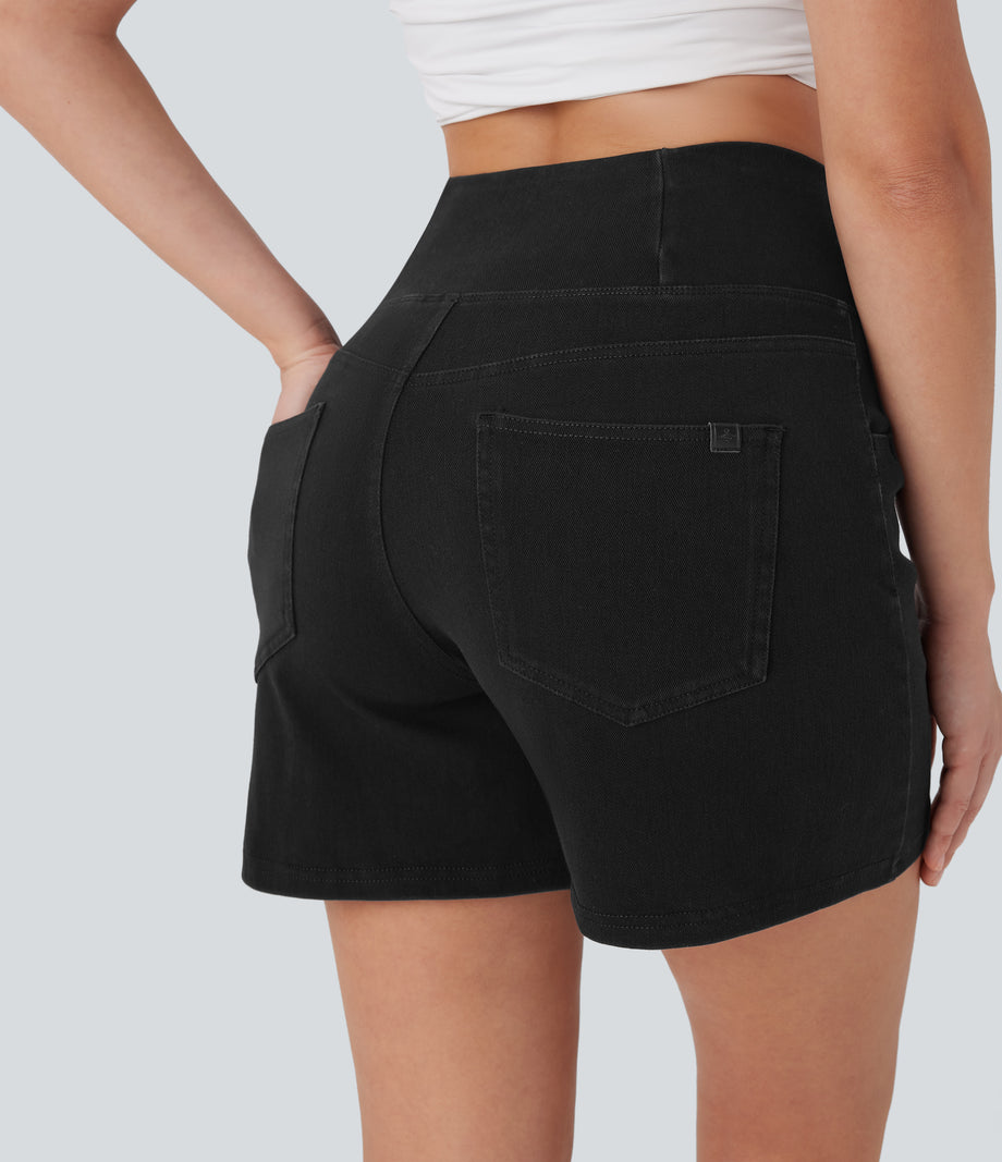 Halara Flex™ Crossover High Waisted Pockets Wide Leg A Line Washed Denim Casual Shorts - Meteorite Black Denim