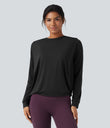 Round Neck Long Sleeve Ruched Yoga Sports Top-UPF50+ - Black