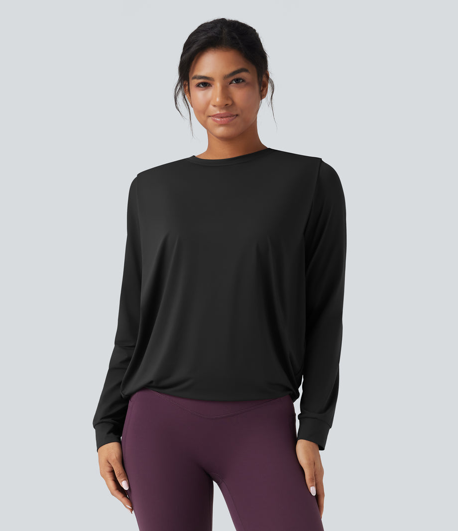 Round Neck Long Sleeve Ruched Yoga Sports Top-UPF50+ - Black