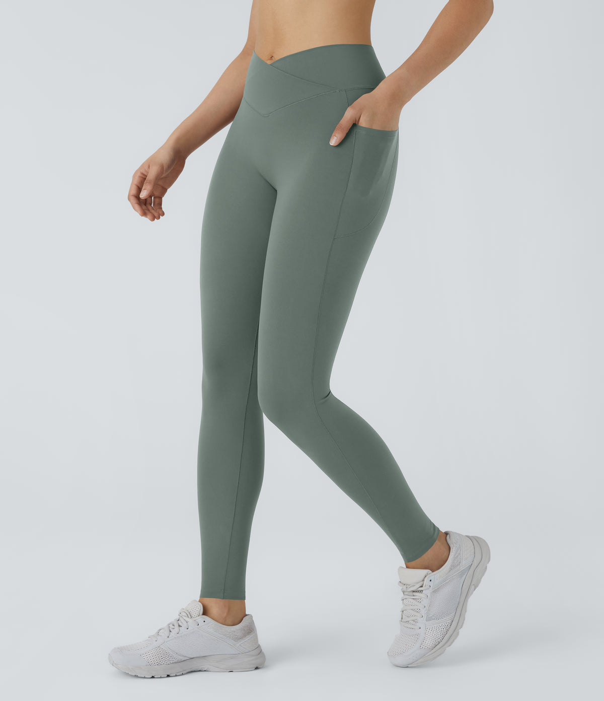 Patitoff™ 2.0 Pet Hair Resistant High Waisted Crossover Side Pocket Yoga Leggings - Washington Gray Green