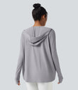 Hooded Cowl Neck Long Sleeve Thumb Hole Yoga Sports Top with Pockets - Mist Grey