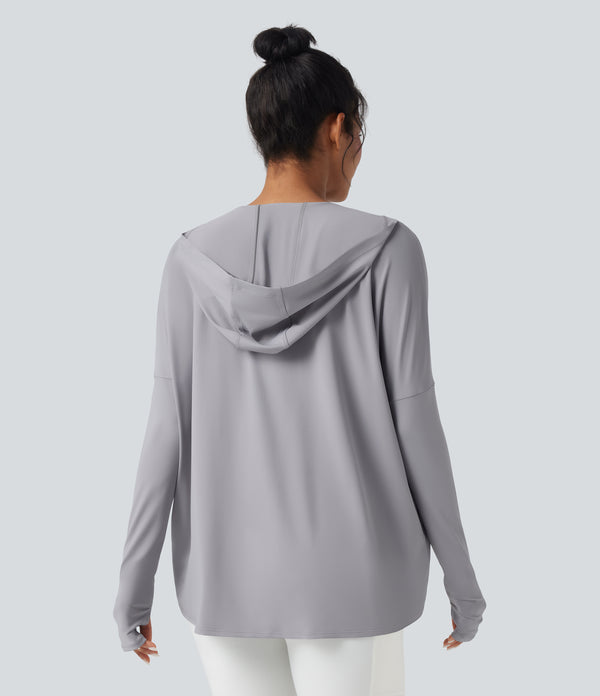 Hooded Cowl Neck Long Sleeve Thumb Hole Yoga Sports Top with Pockets - Mist Grey