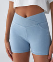 Halara Flex™ High Waisted Crossover Pocket Denim Casual Shorts 3" - Washed Denim Sunny Blue