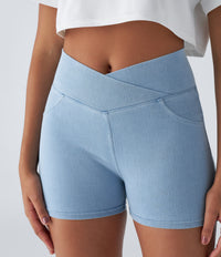 Halara Flex™ High Waisted Crossover Pocket Denim Casual Shorts 3" - Washed Denim Sunny Blue