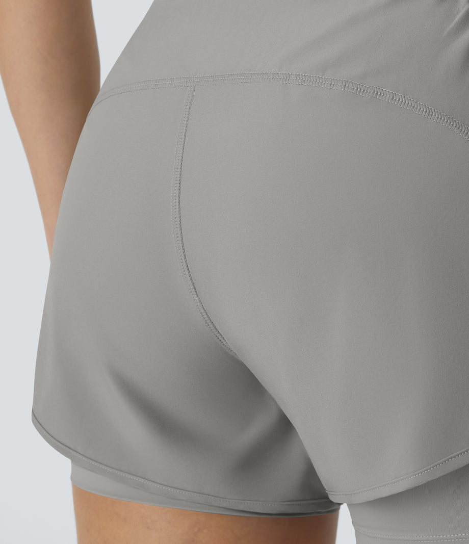 Breezeful™ Super High Waisted Curved Hem 2-in-1 Pocket Quick Dry Yoga Shorts 3.5'' - Greenish Grey