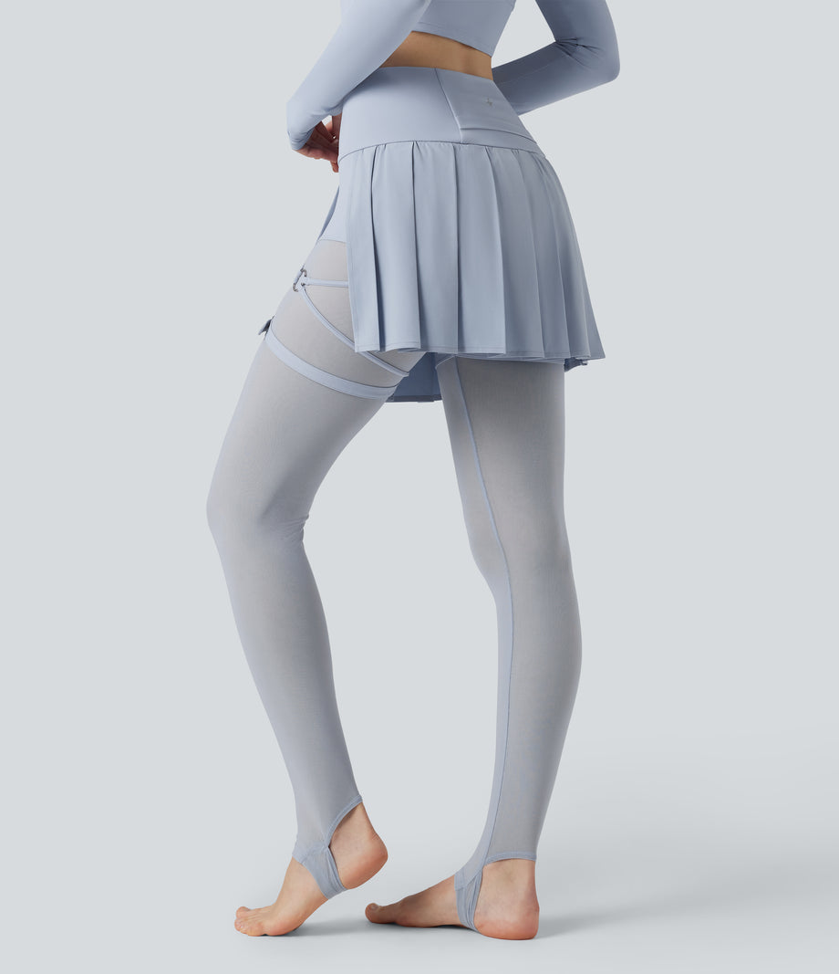 Breezeful™ High Waisted Pleated 2-in-1 Contrast Mesh Quick Dry Dance Stirrup Skirted Leggings with Pockets - Ballad Blue
