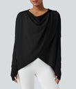 Hooded Cowl Neck Long Sleeve Thumb Hole Yoga Sports Top with Pockets - Black