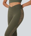 SoftlyZero™ High Waisted Crossover Contrast Lace Pocket Yoga Leggings-UPF50+ - Grass Grey Green