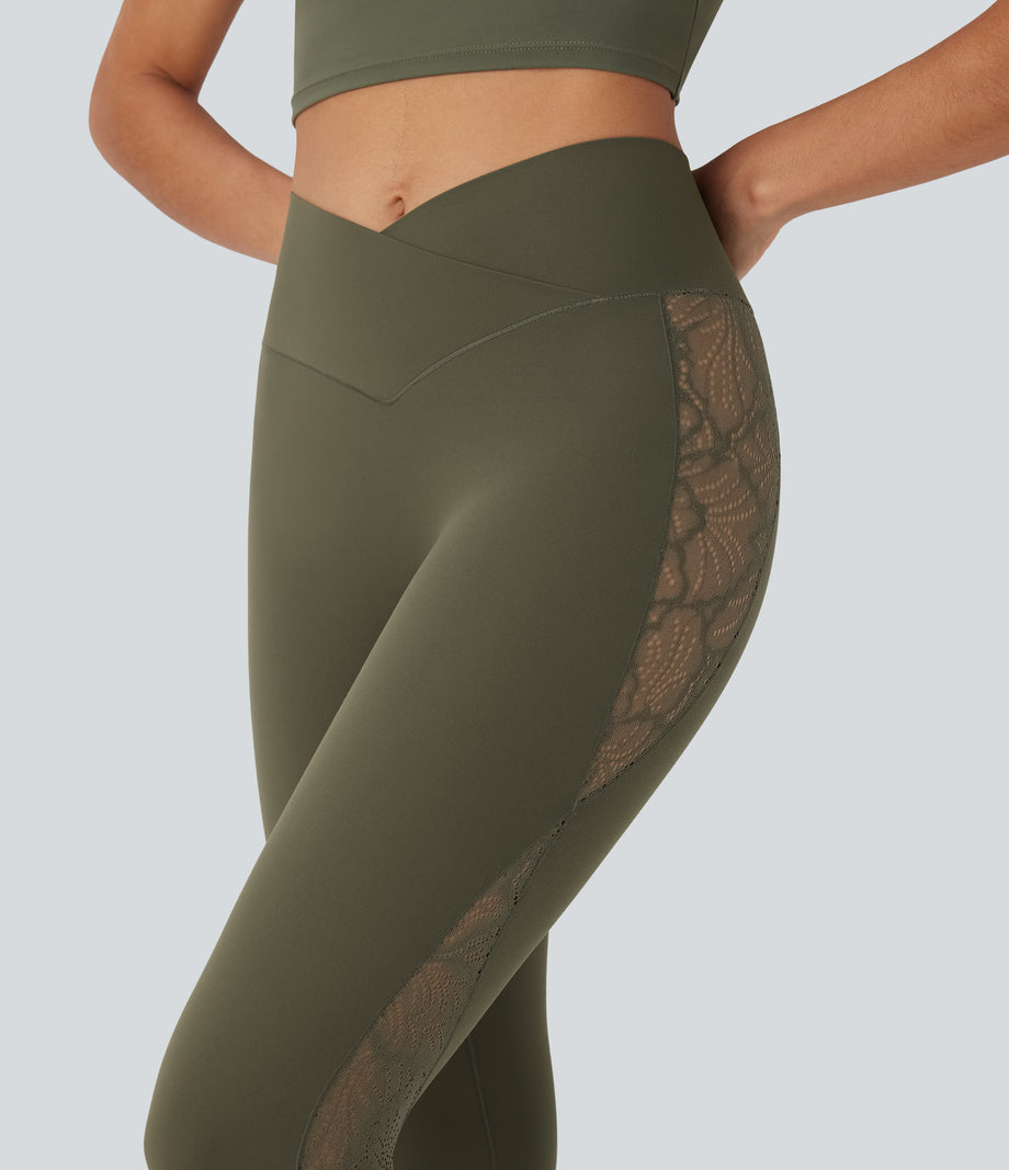 SoftlyZero™ High Waisted Crossover Contrast Lace Pocket Yoga Leggings-UPF50+ - Grass Grey Green