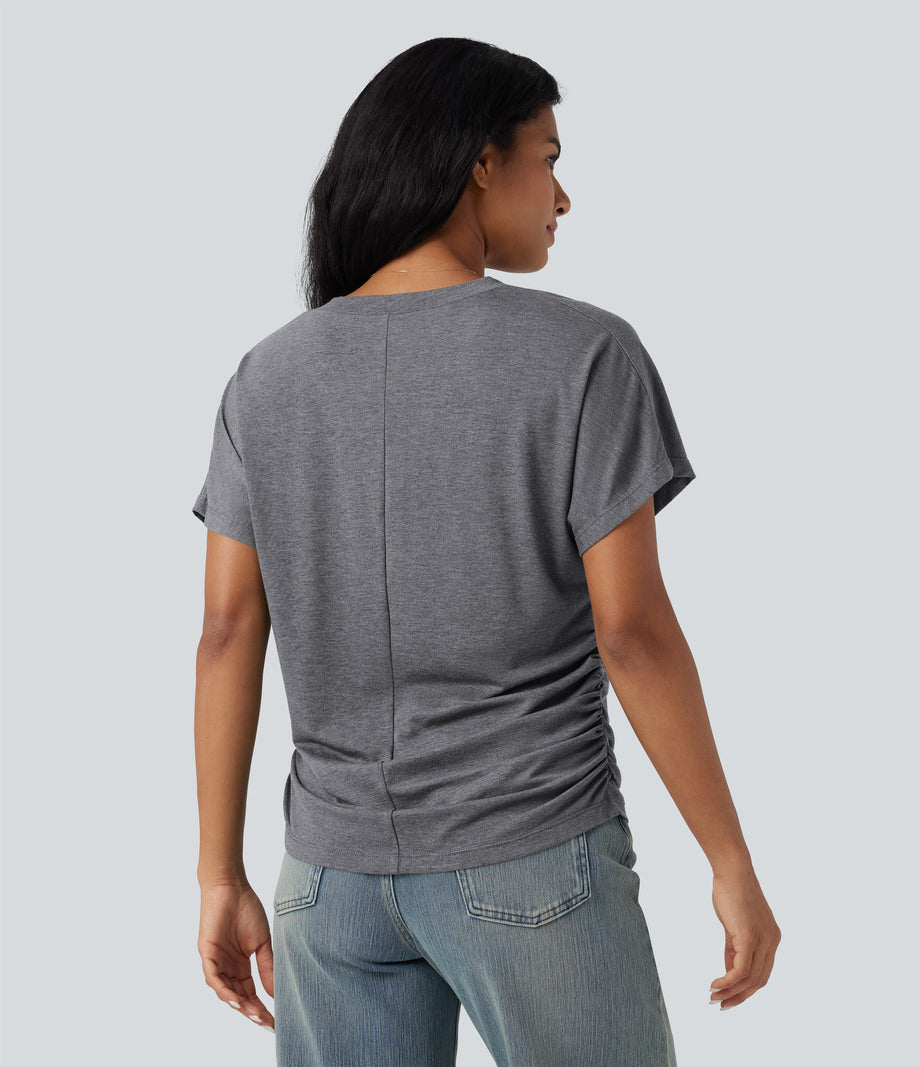 V-neck Short Sleeve Ruched Relaxed Casual Top - Darl Gray Floral Yarn