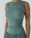 Ribbed Boat Neck Asymmetric Strap Ruched Pocket Flowy Maxi Casual Dress - Clear Green